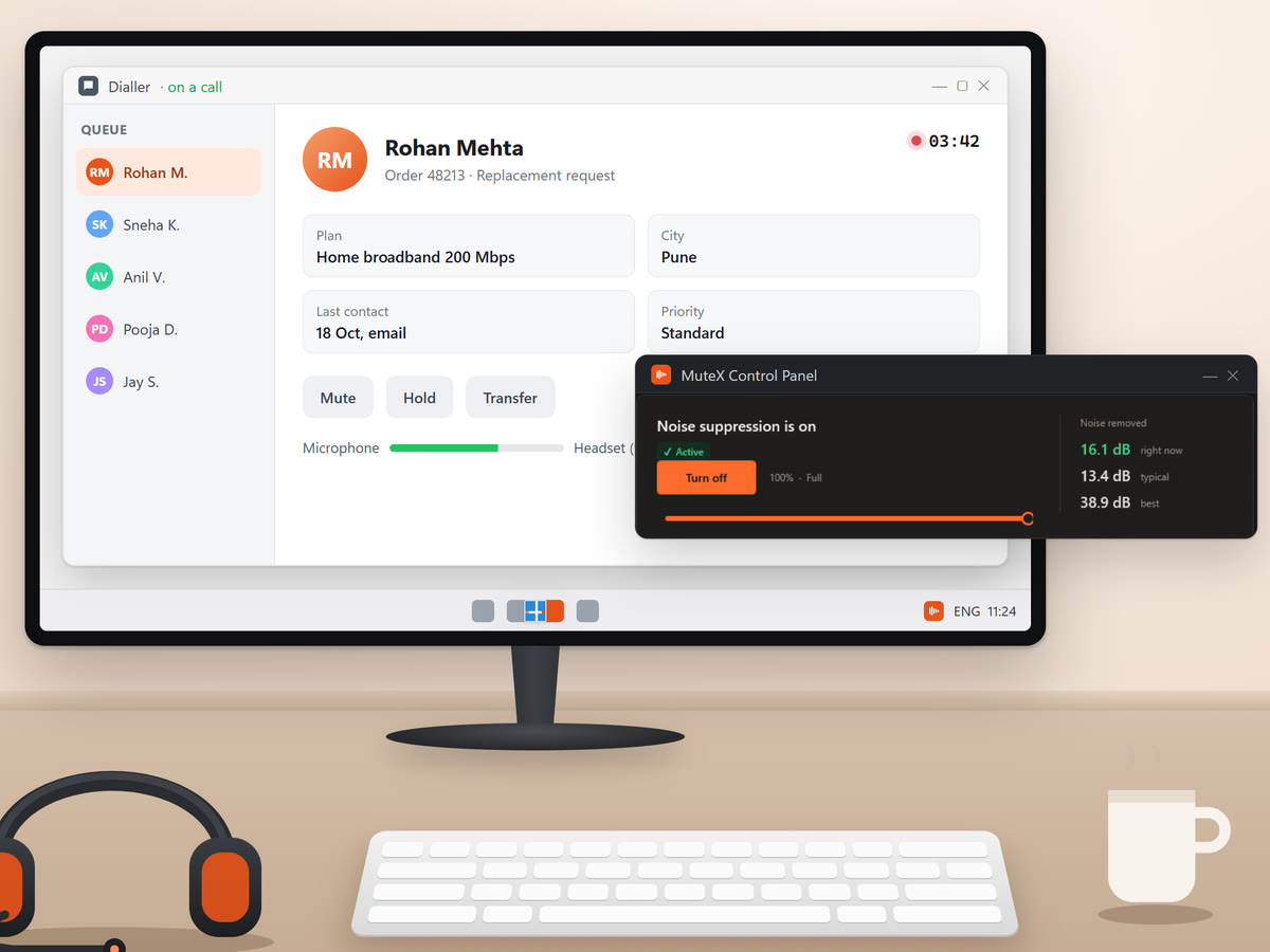 An agent desk mid-call: the dialler on screen with the MuteX control panel open, a headset and keyboard on the desk