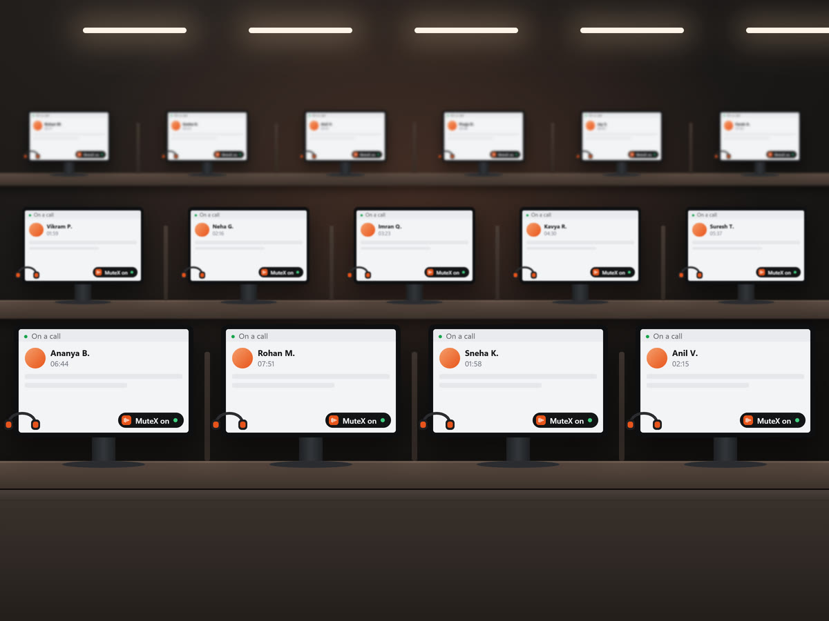 A contact-centre floor: rows of desks, every screen on a call with MuteX on