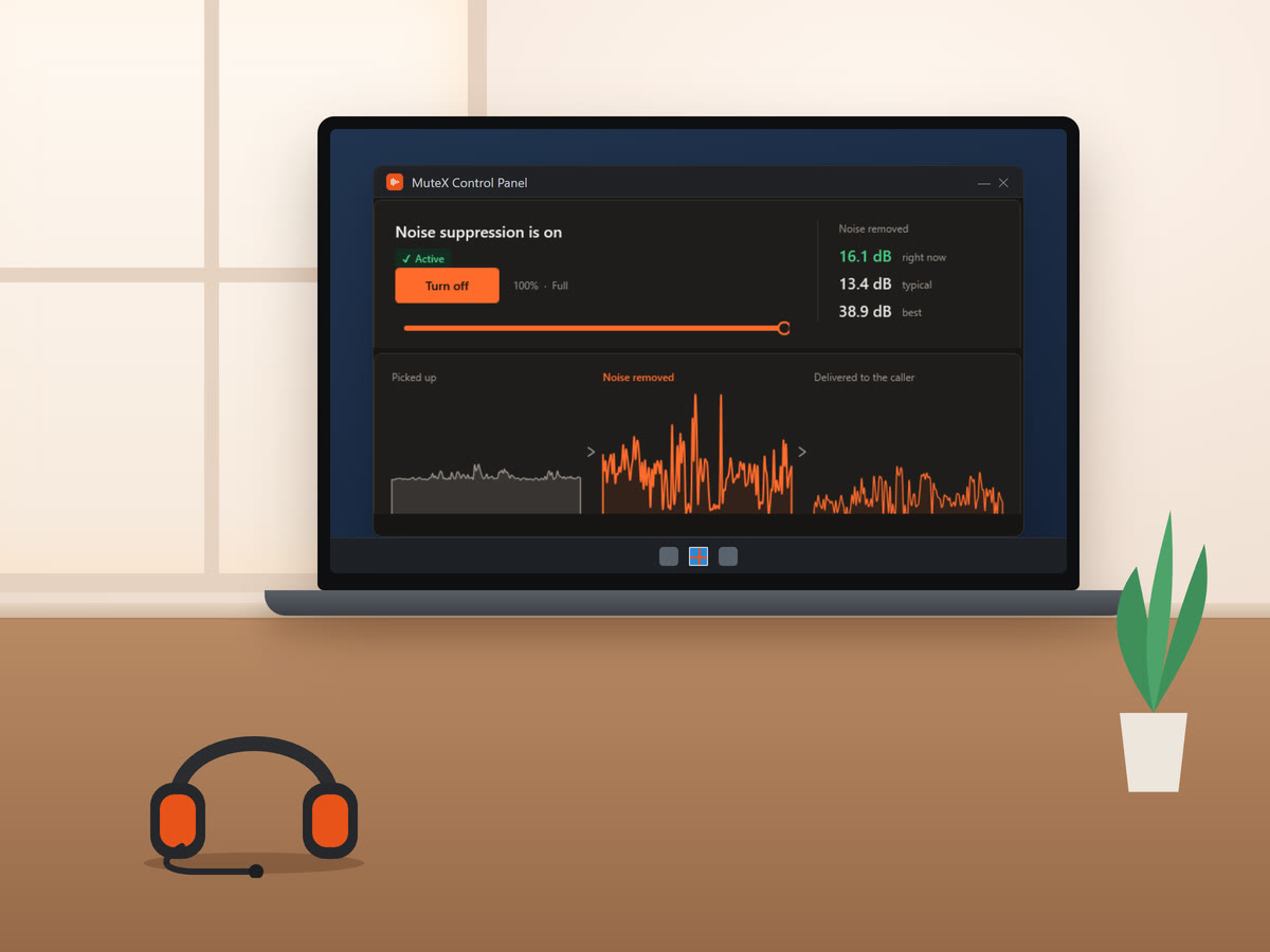 A laptop on a home desk showing the MuteX control panel, with a headset beside it