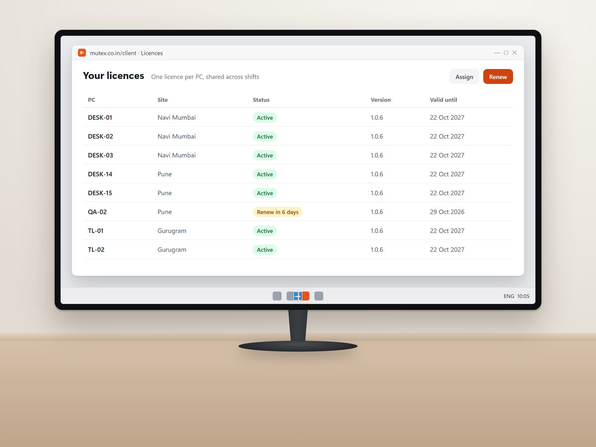 The MuteX client portal on a monitor: every PC licence with its site, status, version and renewal date
